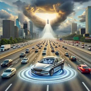 Driverless Silver Sedan Creates Heavenly Path Amid Chaos