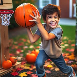 Hispanic Boy Playing Basketball with Pumpkin