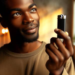 Mid-Thirties Black Man Admiring Lighter in Warmly Lit Room