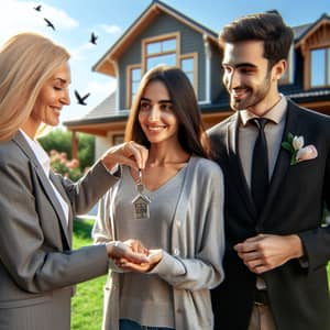 Real Estate Agent Handing Over Keys to Joyful Couple | Home Purchase