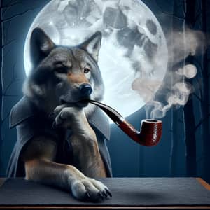 Grey Wolf with Detective Pipe in Moonlit Forest