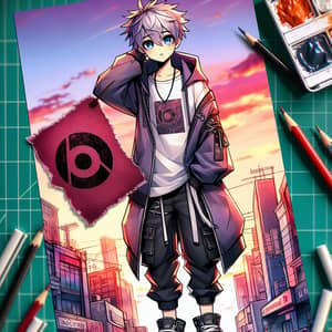Spiky Purple-Haired Anime Character Artwork with Street-Style Outfit
