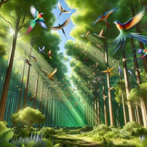 Majestic Green Forest | Vivid Nature Scene with 3D Birds