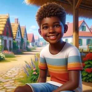 Cheerful African American Boy in Colorful Outfit | Village Scene