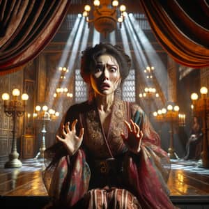 Dramatic Asian Female Actor Expressing Fear on Vintage Stage