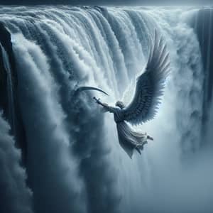 Graceful Angel Slicing Waterfall with Ethereal Wing