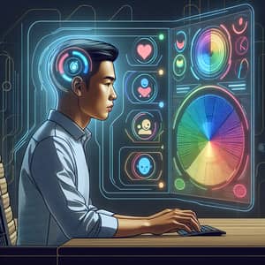 Diverse Gender Asian Individual Analyzing Colorful Charts with AI