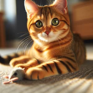 Playful Tabby Cat Lounging on Carpeted Floor
