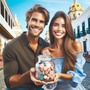Smiling Young Couple Sharing Jar of Candies in Historic City | Website