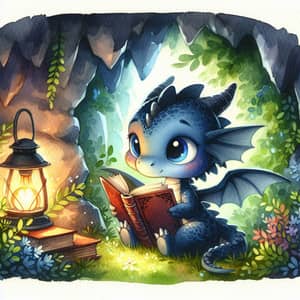 Cute Dragon Reading Book in Lantern-Lit Cavern