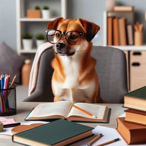 Smart Dog Studying - Educational Scene with Books and Stationery