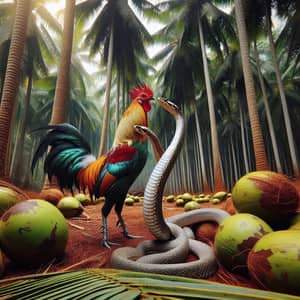 Colorful Rooster and Snake Embracing in Coconut Forest