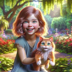 Young Girl Catching Ginger Cat in Vibrant Park