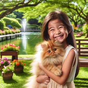 Smiling South Asian Girl with Fluffy Cat in Verdant Park