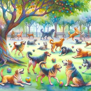 Playful Dogs in Park - Watercolor Painting