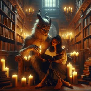 Tranquil Library Scene with Young Woman and Mythological Beast
