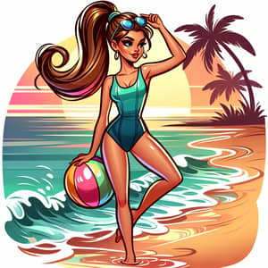 Disney Style Woman in One-Piece Swimsuit on Sandy Beach