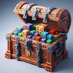 Intricately Carved Wooden Treasure Chest with Geometric Objects