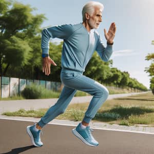 Energetic Elderly Man Sprinting in Blue Tracksuit