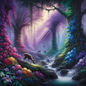 Enchanted Twilight Forest Painting - Shades of Purple & Waterfalls