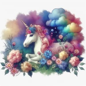 Vibrant Magic Unicorn Surrounded by Beautiful Flowers