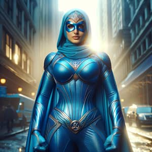 Confident Middle Eastern Superhero Woman in Blue Costume