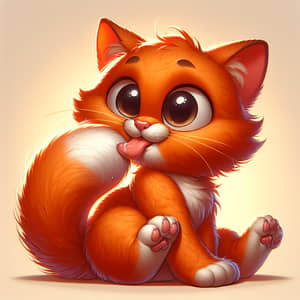 Adorable Cartoon Cat Licking Paw | Vibrant Orange Feline