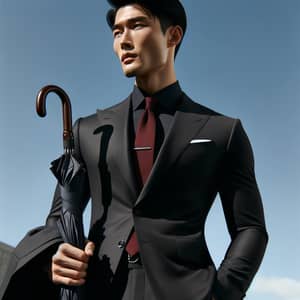 Modern East Asian Man in Tailored Black Suit | Confident Pose