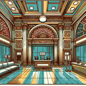 Whimsical Bank Interior Illustration in Manga Art Style