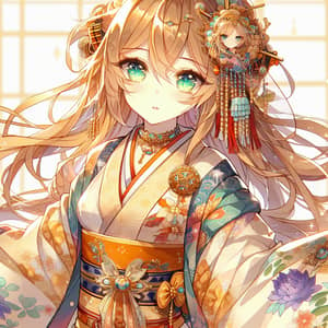 Anime Girl in Kimono & Chinese Jewelry | Golden Hair, Green Eyes