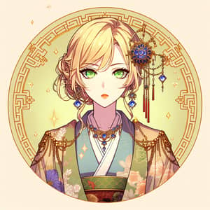 Anime Caucasian Woman in Kimono with Golden Hair & Green Eyes