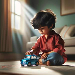 Young South Asian Boy Playing with Blue Toy Car in Cozy Room