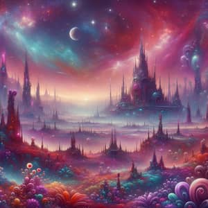 Alien World with Vibrant Colors and Fantasy Towers