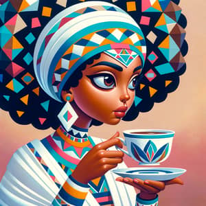 Ethiopian Woman in Cubist Painting Sipping Coffee | Geometric Embroidered Attire