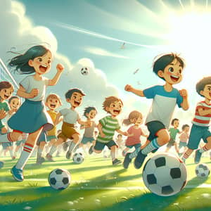 Diverse Children Joyfully Playing Soccer on Grass Field