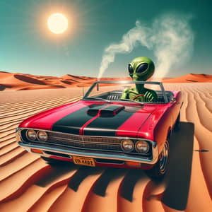 Vintage Muscle Car with Alien Driver in Desert | Surreal Scene