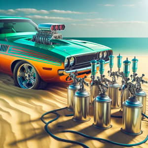 Vibrantly Colored Muscle Car on Beach with Bodyshop Spray Guns