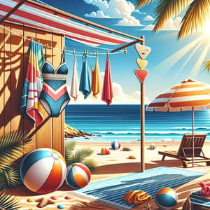 Summer Beach Scene with Sun Umbrellas and Surfboard