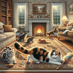 Cozy Living Room Scene with Playful Cats | Vintage Decor