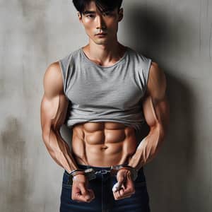 Muscular Asian Man showcasing Six-pack with Handcuffs