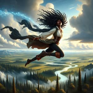 Epic Fantasy Illustration: African Woman Soaring High in Adventure