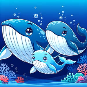 Cartoon-Style Whale Family Swimming in Deep Blue Ocean