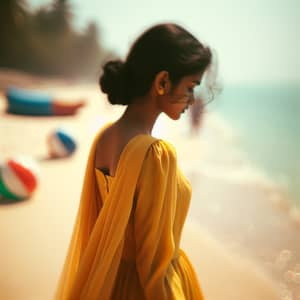 Vibrant Summer Portrait of Young South Asian Girl in Sunshine-Yellow Beach Dress