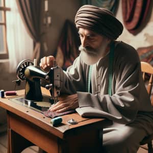 Mature Middle-Eastern Dervish Sewing - Traditional Craftsmanship