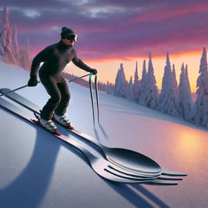Whimsical Skier Gliding with Utensils on Snowy Slope