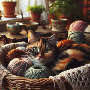 Beautiful House Cat Nestled in Woolen Yarn Basket