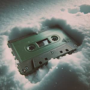 Melancholic Green Cassette in Snow - Nostalgic Photorealistic Image