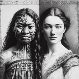 1800s Maori and British Girls Sketch: Unity of Cultures
