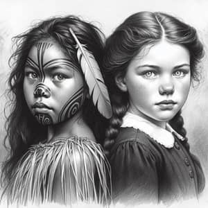 Cultural Fusion: Monochrome Sketch of Maori and British Girls in 1800's NZ