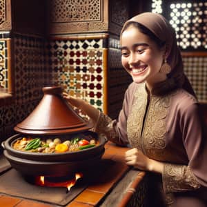 Indonesian Girl Admiring Moroccan Tajine | Cultural Fusion Cuisine